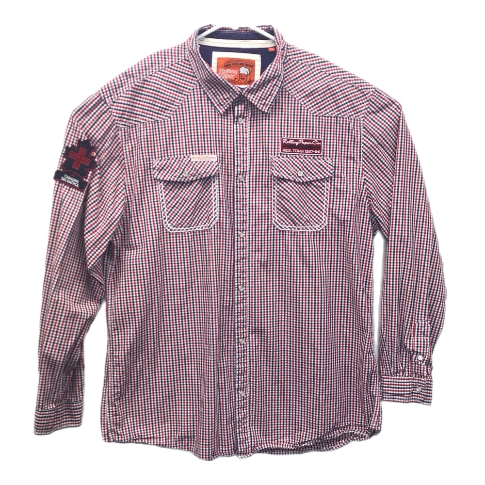 Rolling Paper Brand‎ Button Up Mens Shirt 3XL Long Sleeve Red Blue Plaid Cotton.